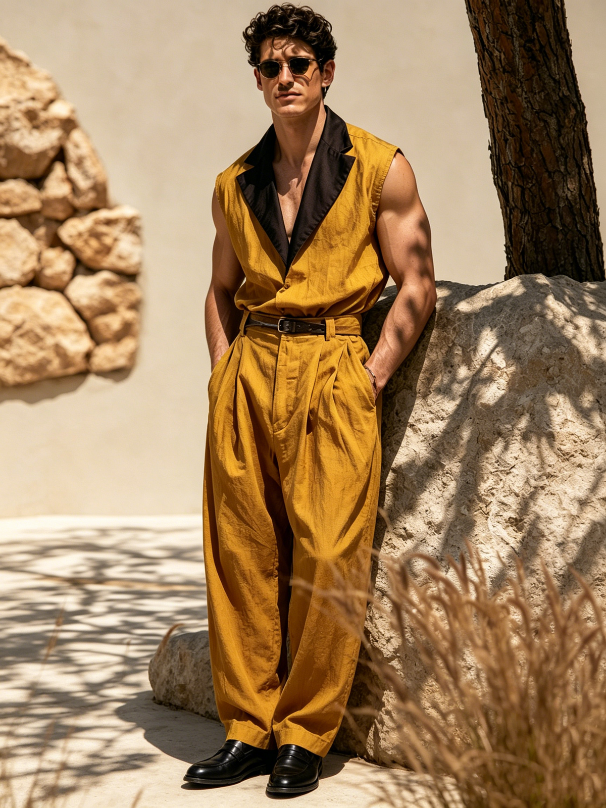 Casual Color-Block Sleeveless Cotton-Linen Jumpsuit