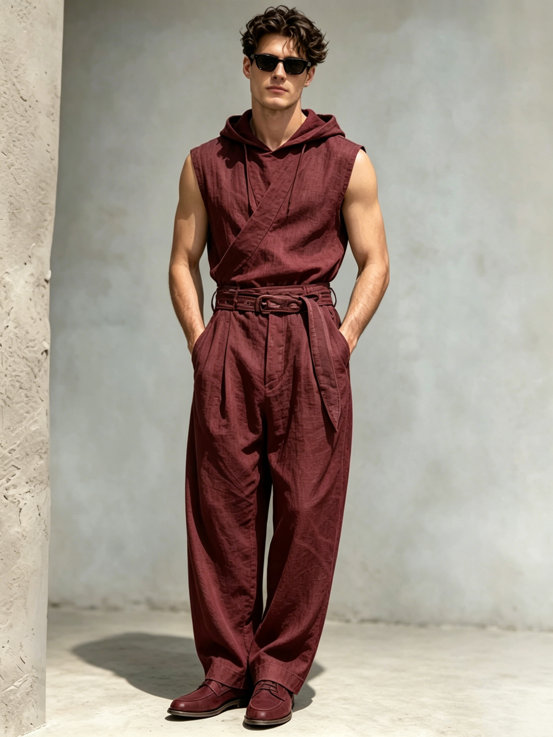 Men's Cotton-Linen Sleeveless Hooded Jumpsuit