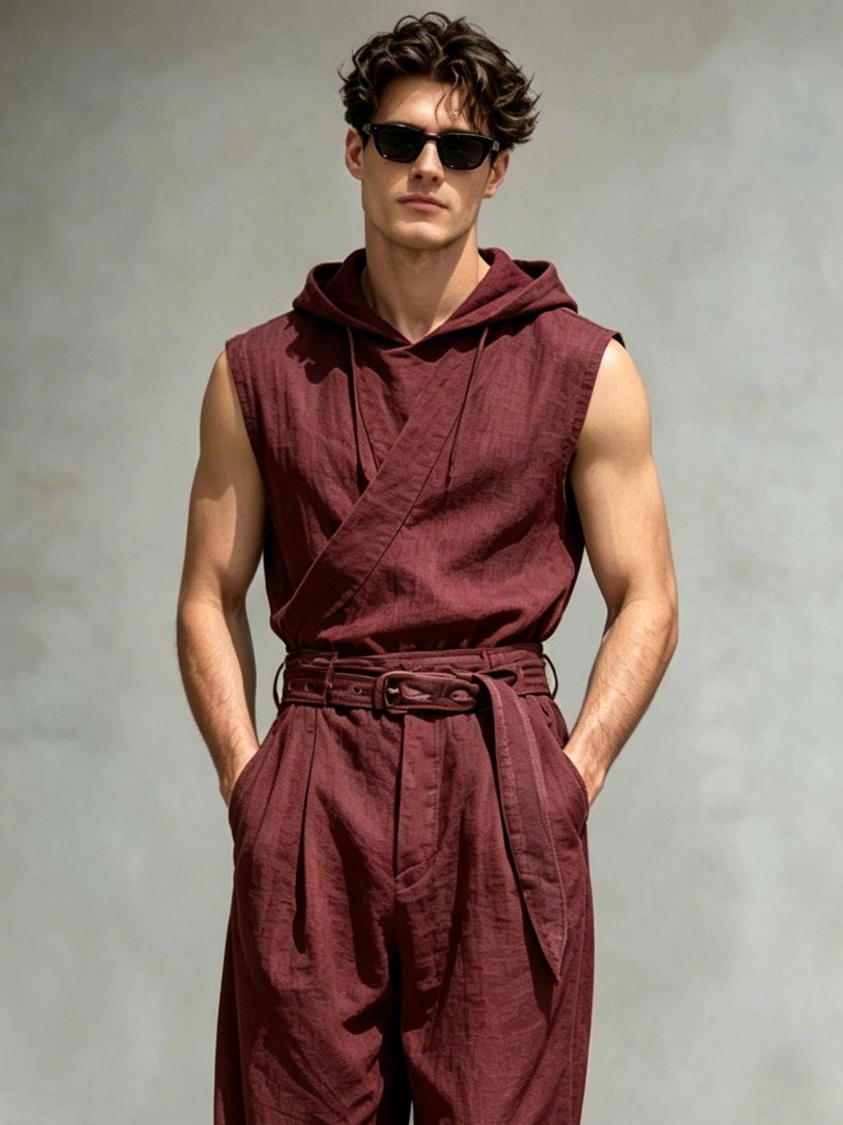 Men's Cotton-Linen Sleeveless Hooded Jumpsuit