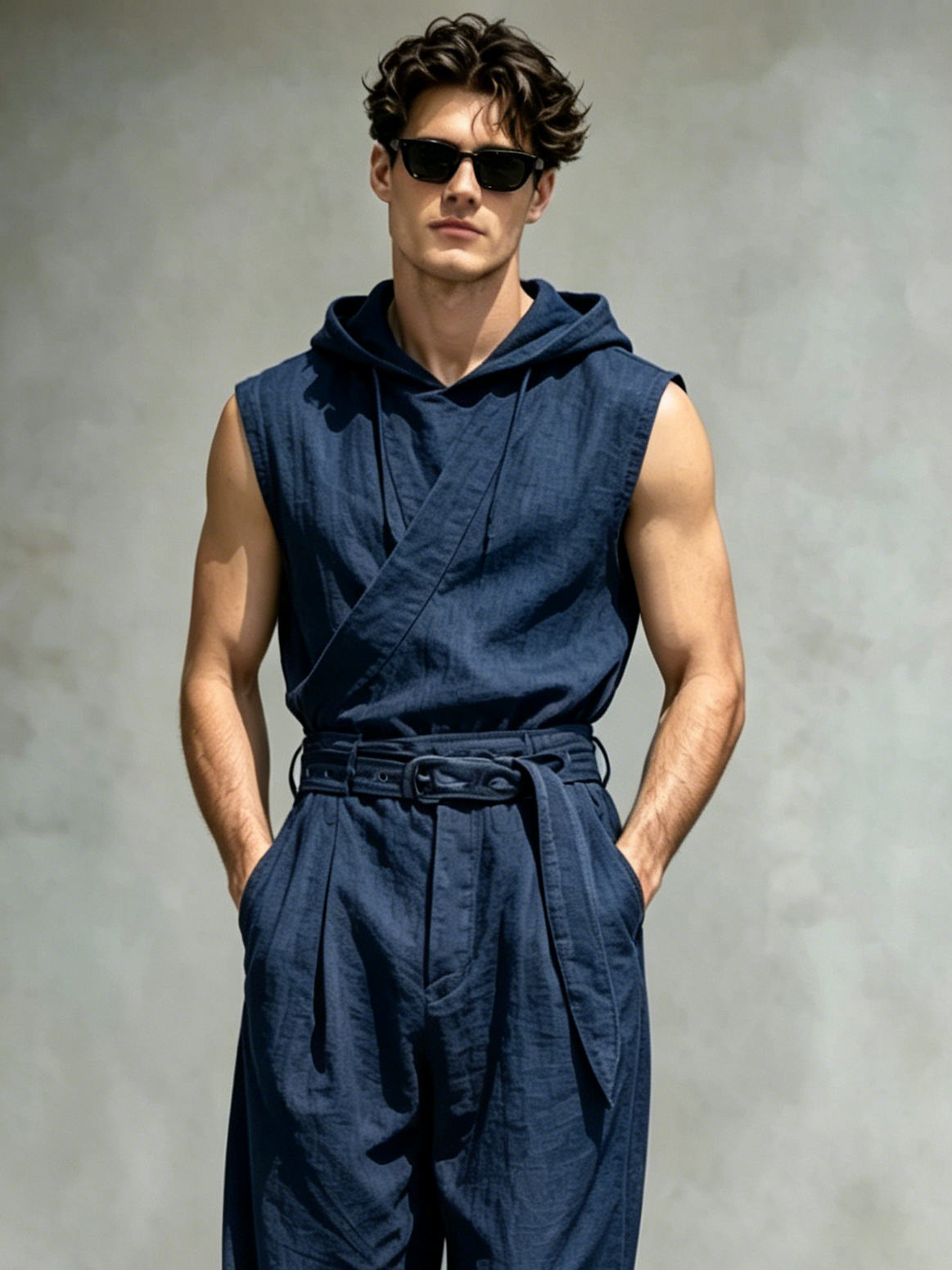 Men's Cotton-Linen Sleeveless Hooded Jumpsuit