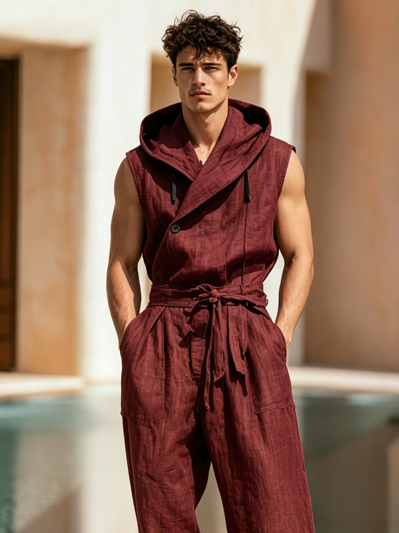 Men's Casual Cotton-Linen Hooded Jumpsuit