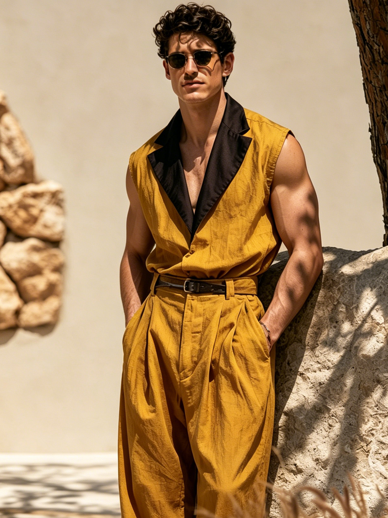 Casual Color-Block Sleeveless Cotton-Linen Jumpsuit