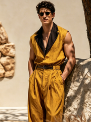 Casual Color-Block Sleeveless Cotton-Linen Jumpsuit