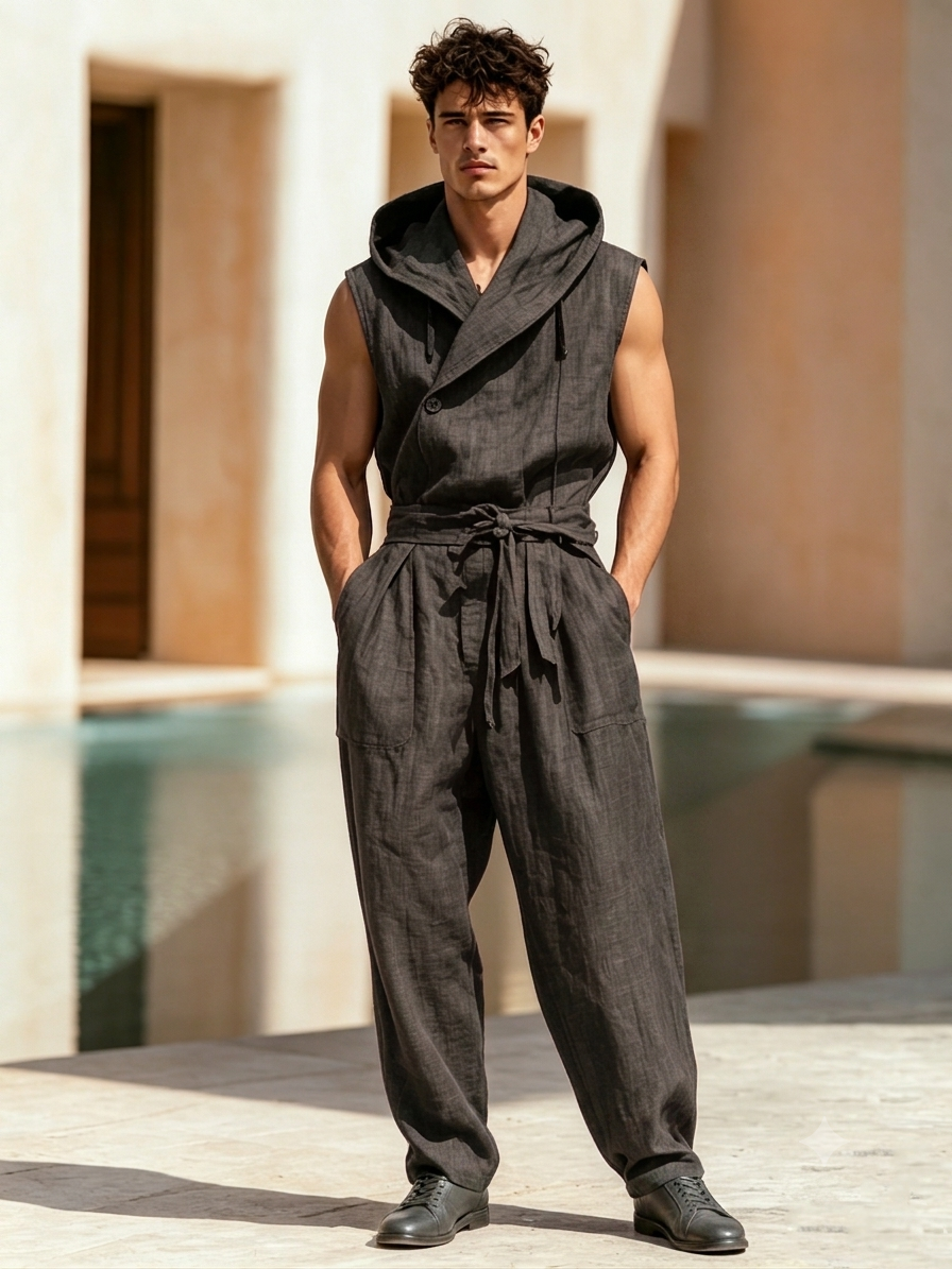 Men's Casual Cotton-Linen Hooded Jumpsuit