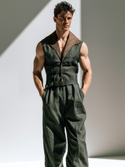 Men's Cotton-Linen Color-Block Casual Jumpsuit