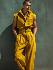 Yellow Stylish Cargo Sleeveless Stand Collar Jumpsuit