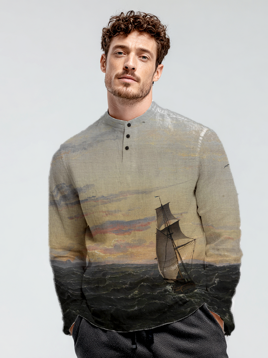 Men's linen ocean-printed long-sleeved pullover stand-up top