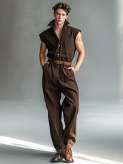 Brown Stylish Sleeveless Stand-Collar Cargo Jumpsuit