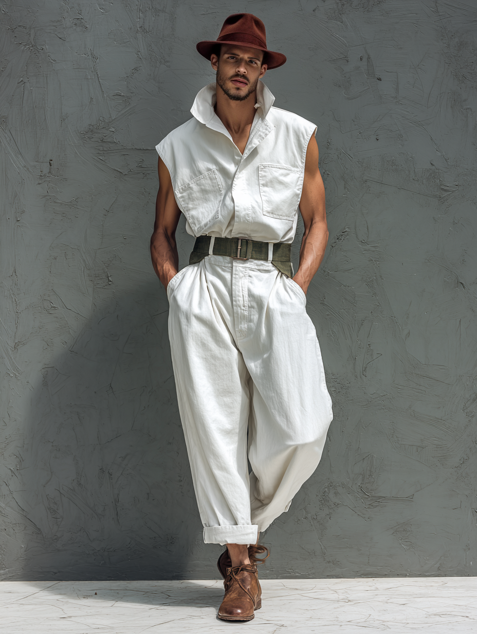 White Stylish Cargo Sleeveless Stand Collar Jumpsuit