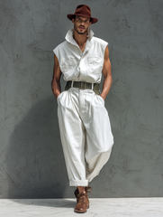 White Stylish Cargo Sleeveless Stand Collar Jumpsuit