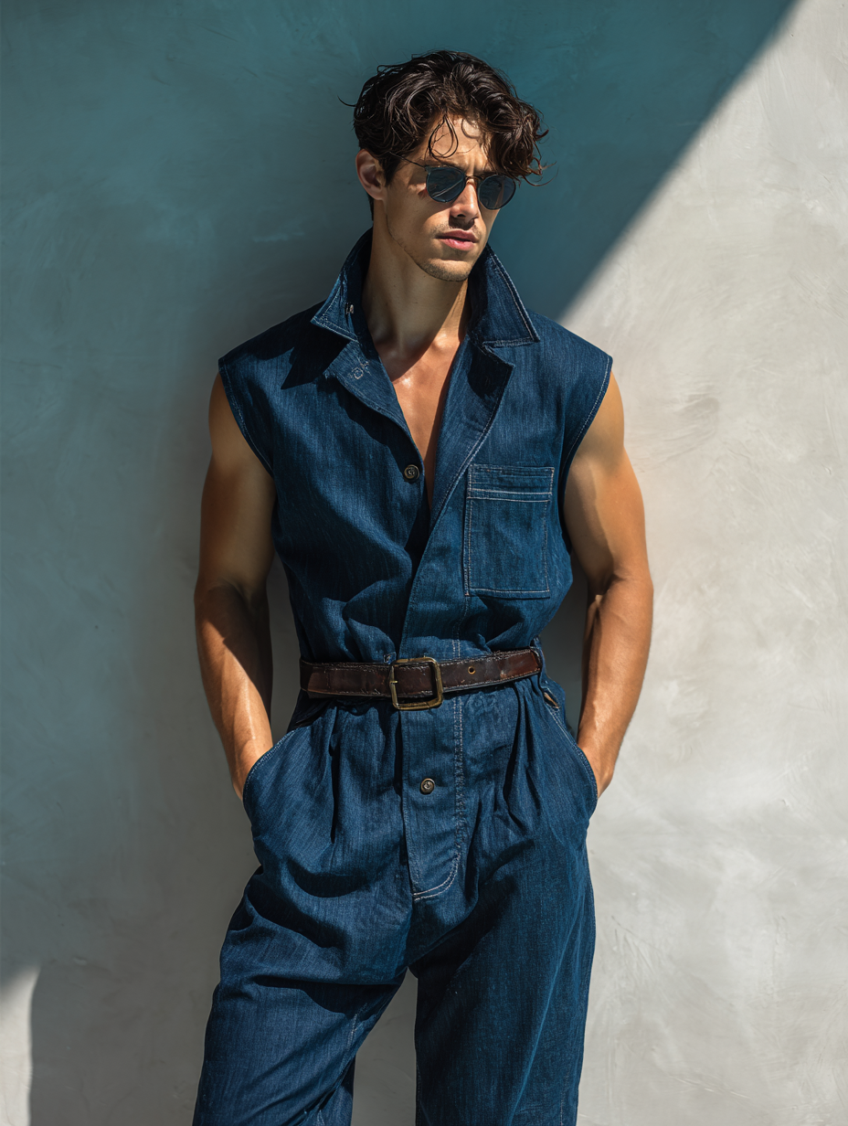 Blue Stylish Sleeveless Stand-Collar Cargo Jumpsuit