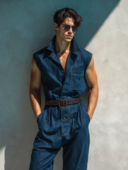 Blue Stylish Sleeveless Stand-Collar Cargo Jumpsuit