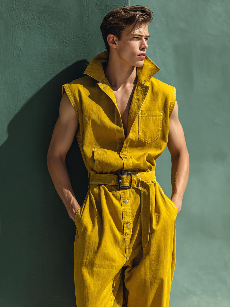 Yellow Stylish Cargo Sleeveless Stand Collar Jumpsuit