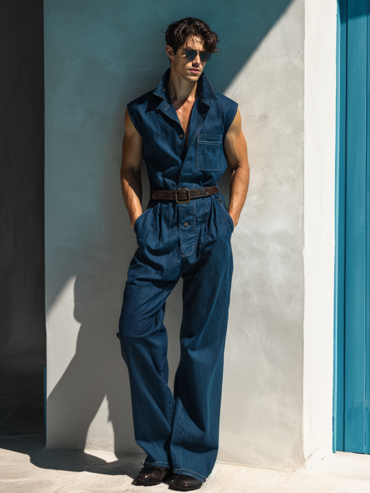 Blue Stylish Sleeveless Stand-Collar Cargo Jumpsuit