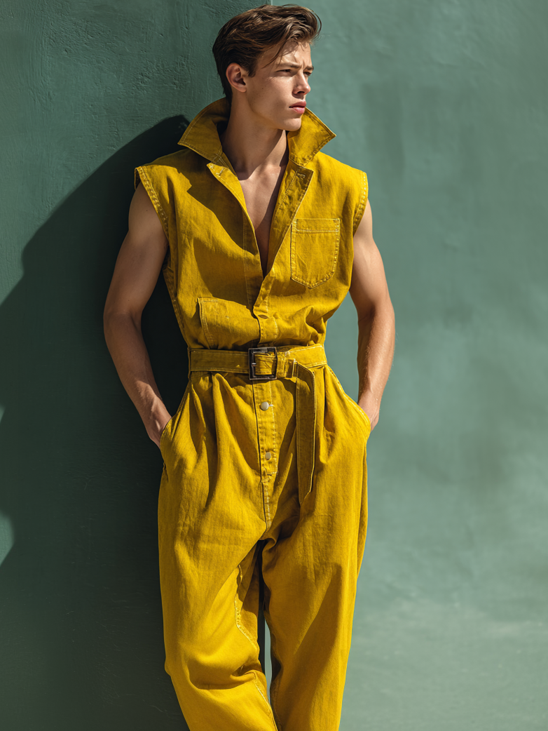 Yellow Stylish Cargo Sleeveless Stand Collar Jumpsuit