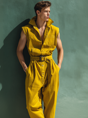 Yellow Stylish Cargo Sleeveless Stand Collar Jumpsuit