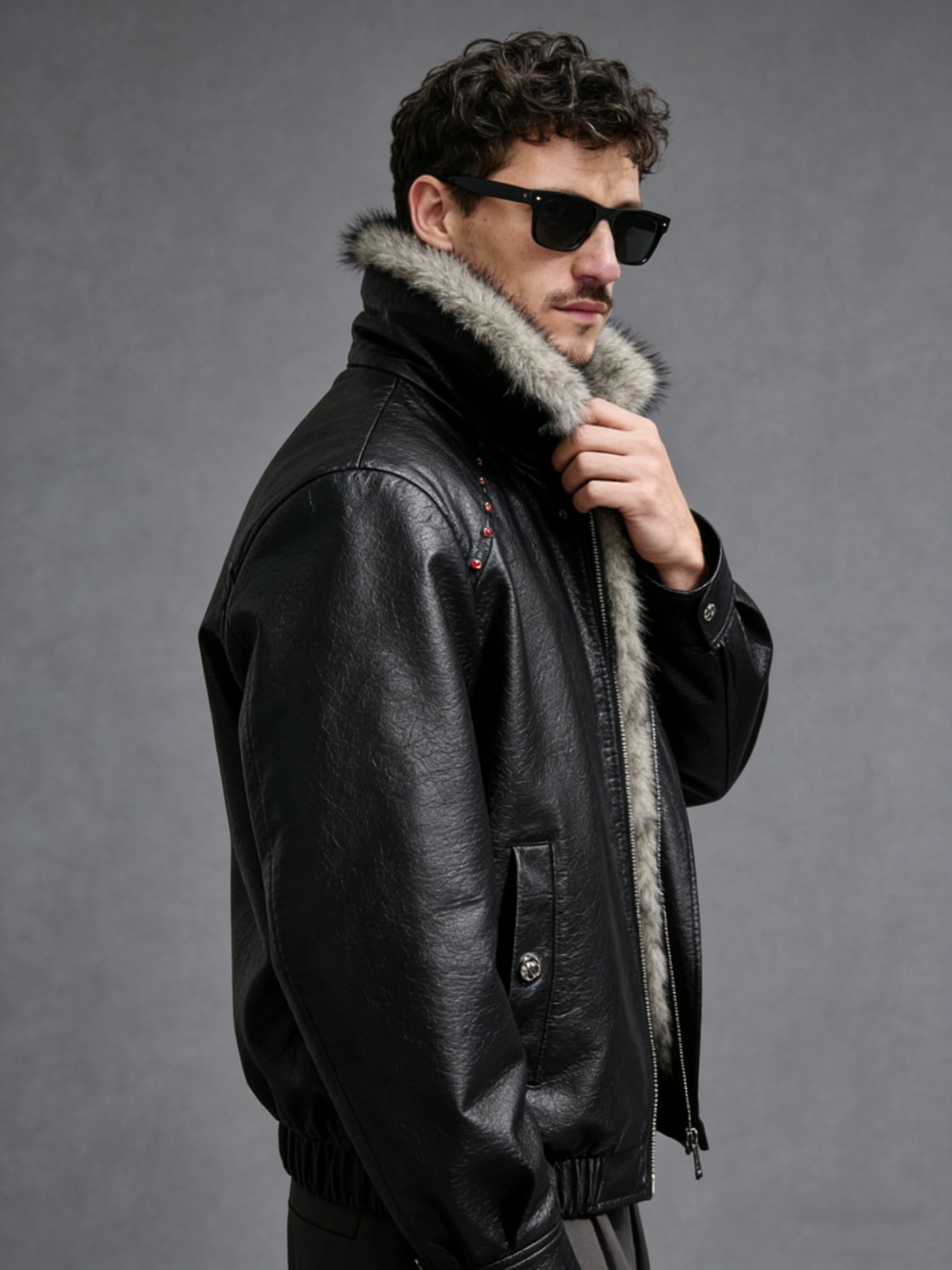 Leather padded hooded coat with sequins