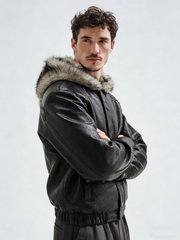 Leather padded hooded coat with sequins