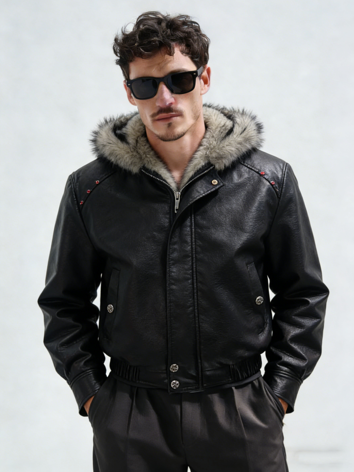 Leather padded hooded coat with sequins