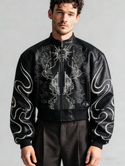 Short-sleeved embroidered leather stand-up collar coat