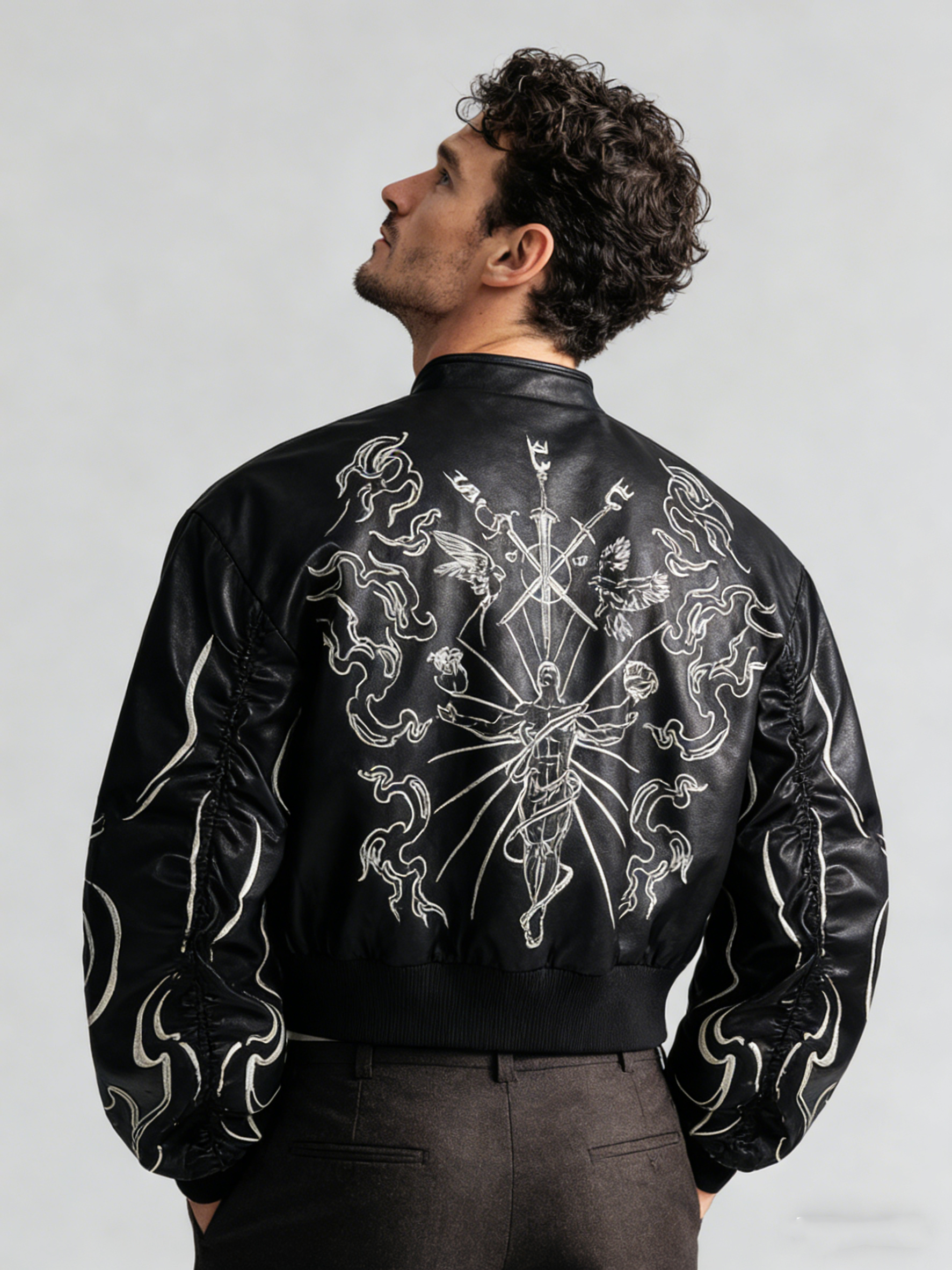 Short-sleeved embroidered leather stand-up collar coat