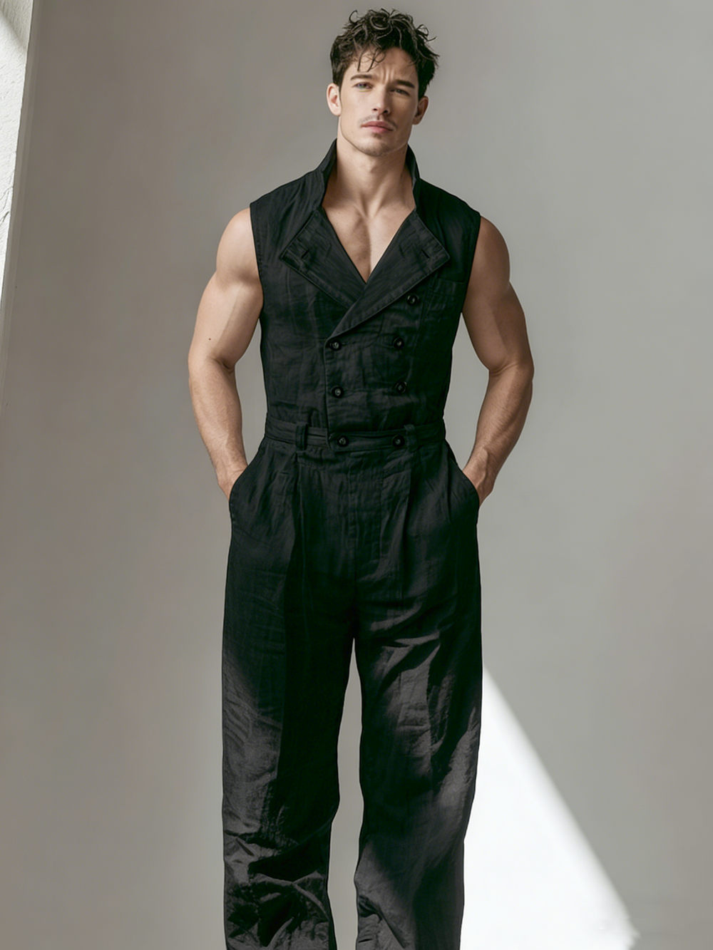 Sleeveless, Semi-Stand Collar, Double-Breasted Linen Jumpsuit