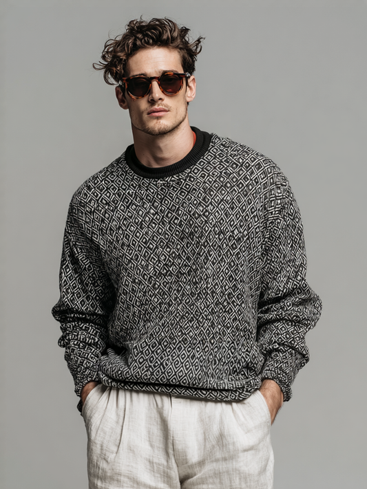 Men's round-neck rhombic pattern printed top
