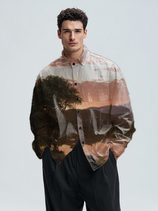 Men's printed long-sleeved lapel top