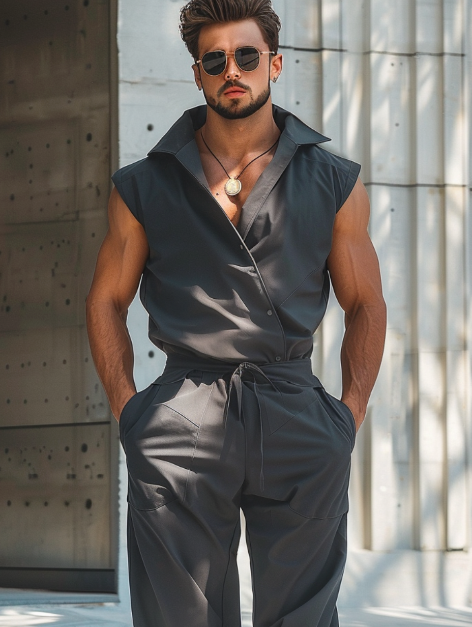 Men's casual lapel jumpsuit