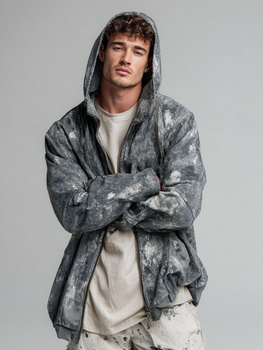 Tie-dyed printed corduroy hooded jacket