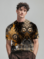 Men's retro totem plant printed pure cotton T-shirt