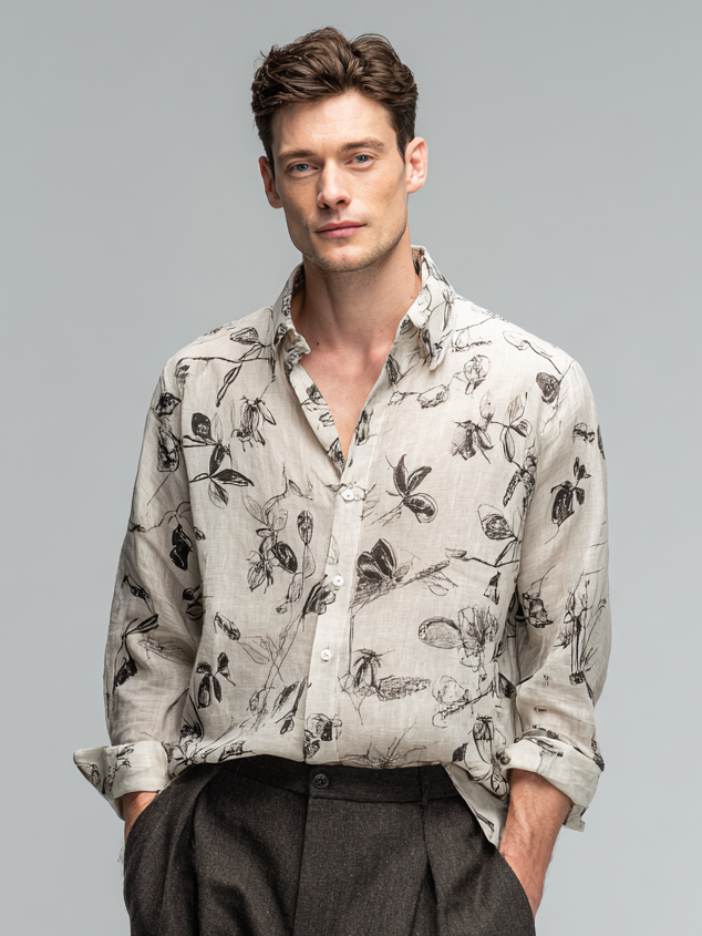 Men's long-sleeved cotton and linen floral printed top