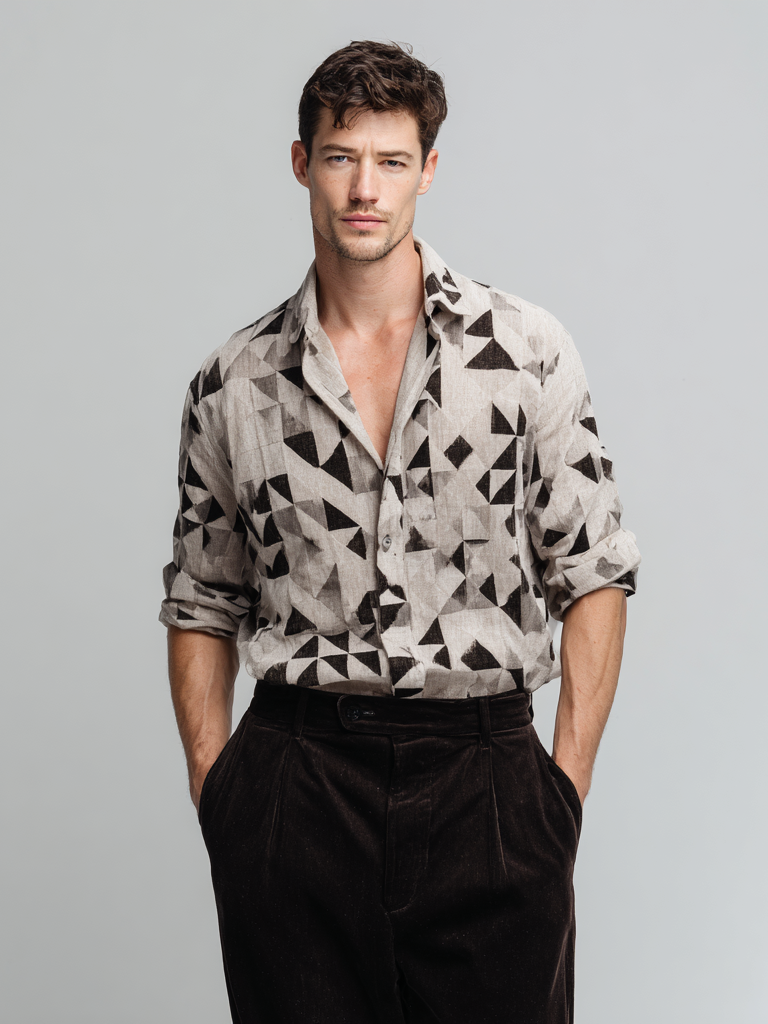 Men's casual linen geometric printed long-sleeved shirt