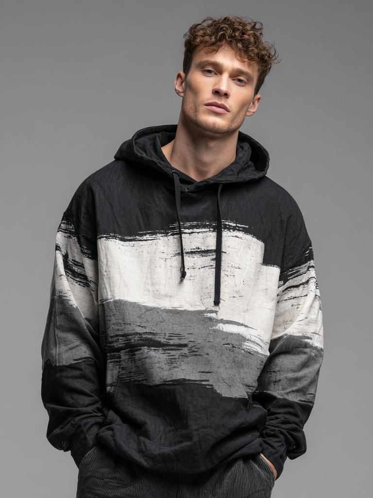 Men's pure cotton printed hooded sweatshirt