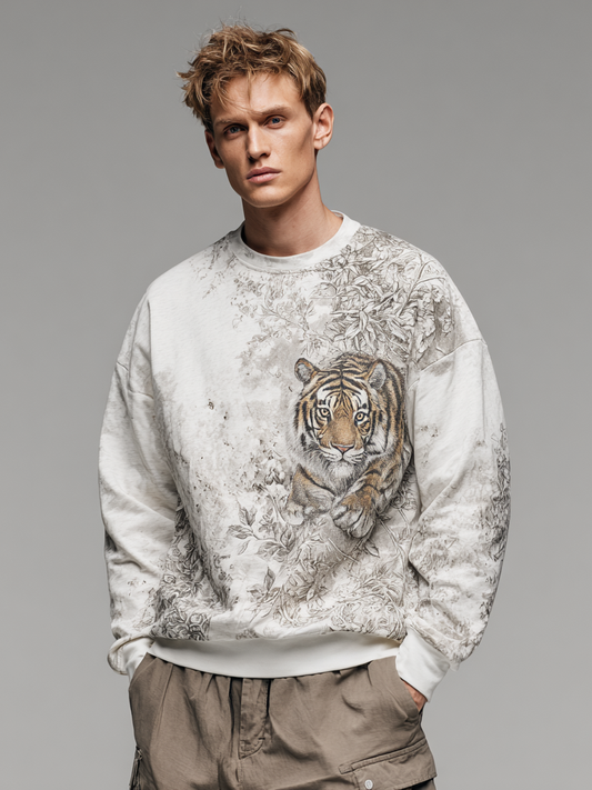Men's casual tiger-printed round-neck hoodie