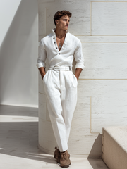 Men's linen stand-up neck V-neck jumpsuit (with belt)