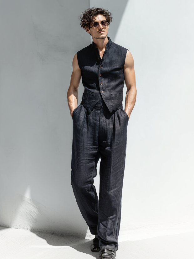Men's Casual Linen Vest Set