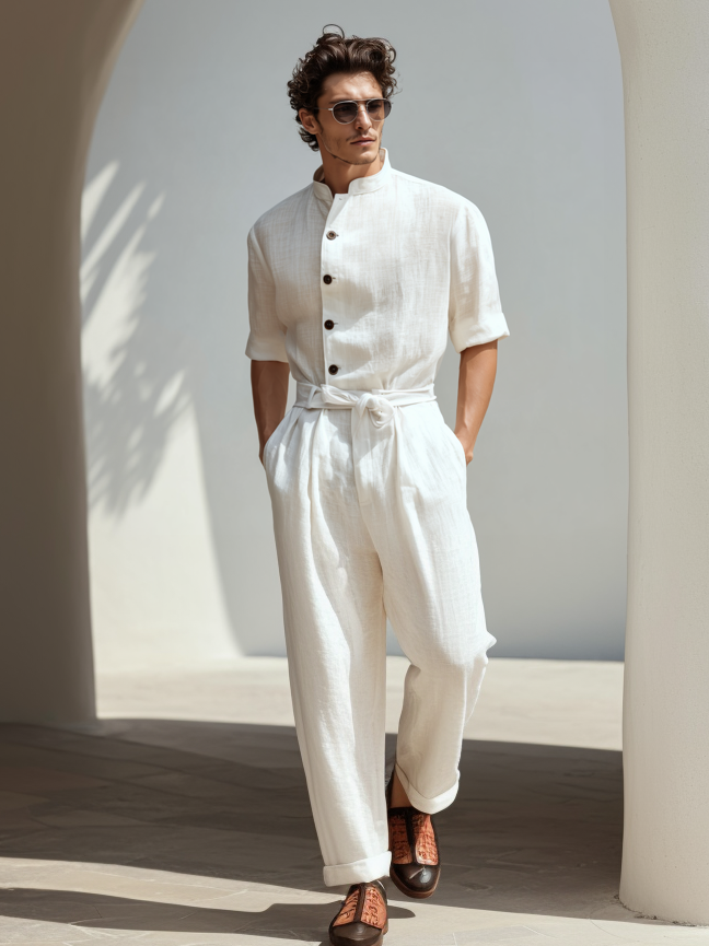 Men's Short-Sleeve Linen Jumpsuit