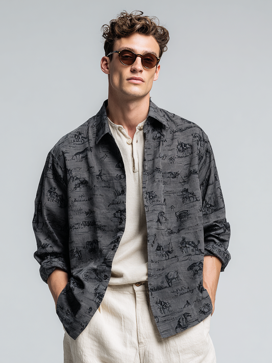 Men's casual printed lapel long-sleeved top