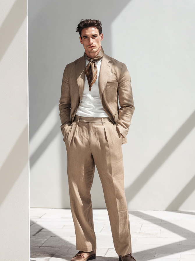 Men's casual linen suit set (including silk scarf)