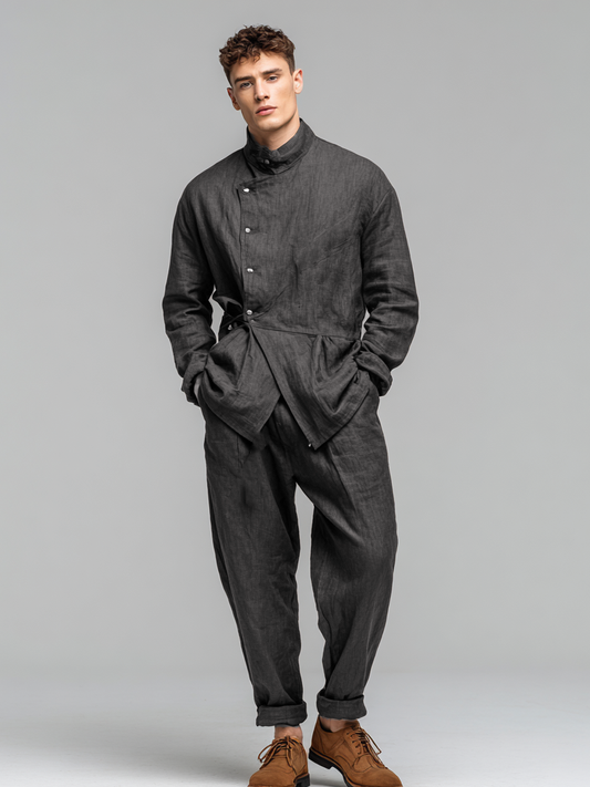 Men's linen stand-up collar suit