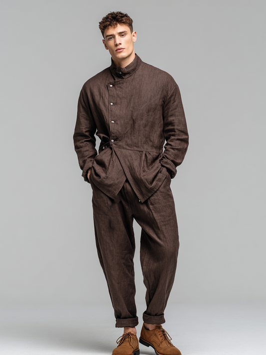 Men's linen stand-up collar suit