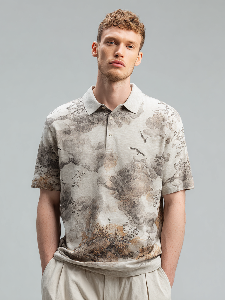 Men's pure cotton T-shirt with cloud mist and bird print