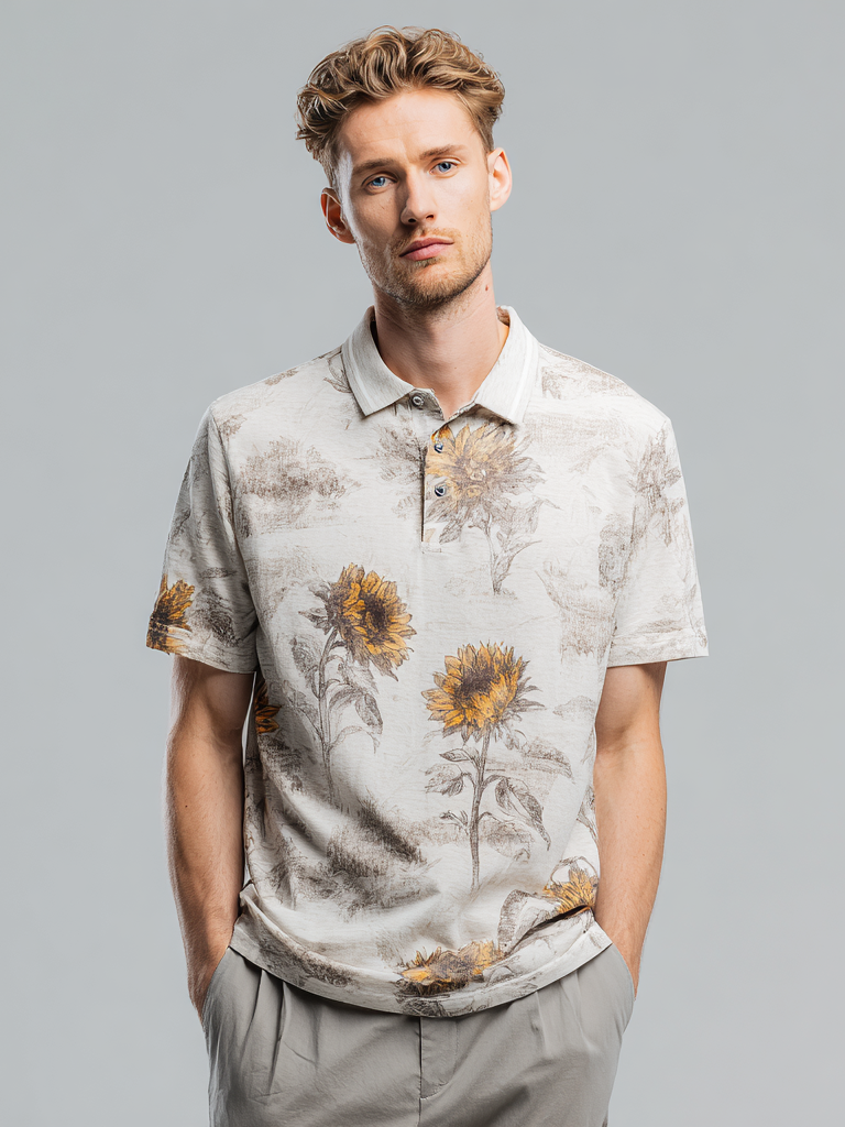 Men's pure cotton T-shirt with rural sunflower print