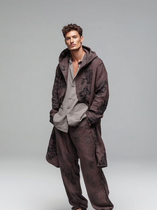 Men's hooded linen print suit