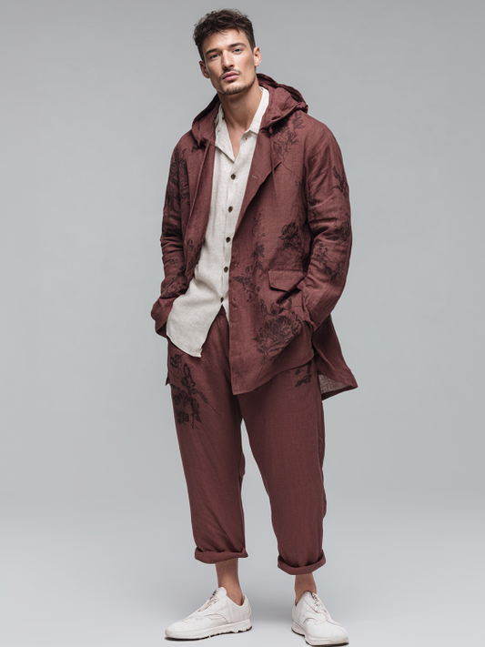 Men's hooded linen print suit