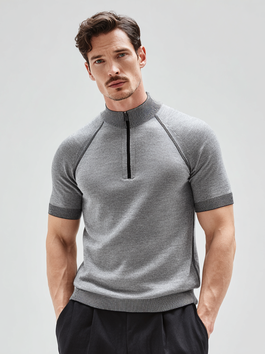 Men's casual patchwork breathable zipper knitted T-shirt