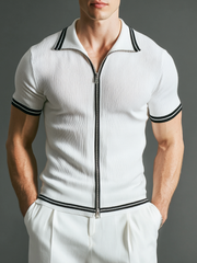 Men's casual patchwork breathable zipper knitted T-shirt