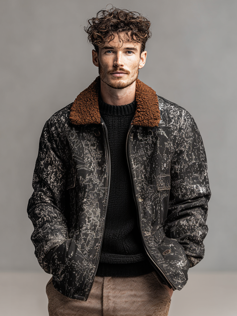 Men's fashionable woolen collar printed jacket