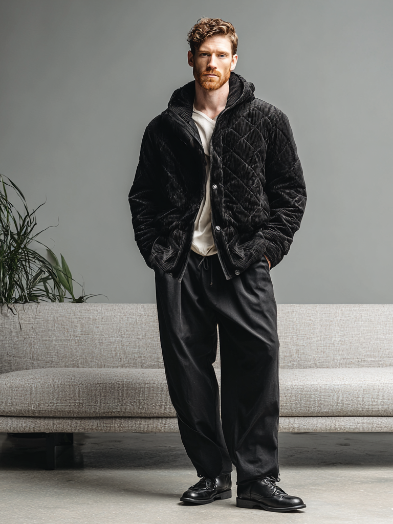 Men's fashionable velvet quilted hooded jacket